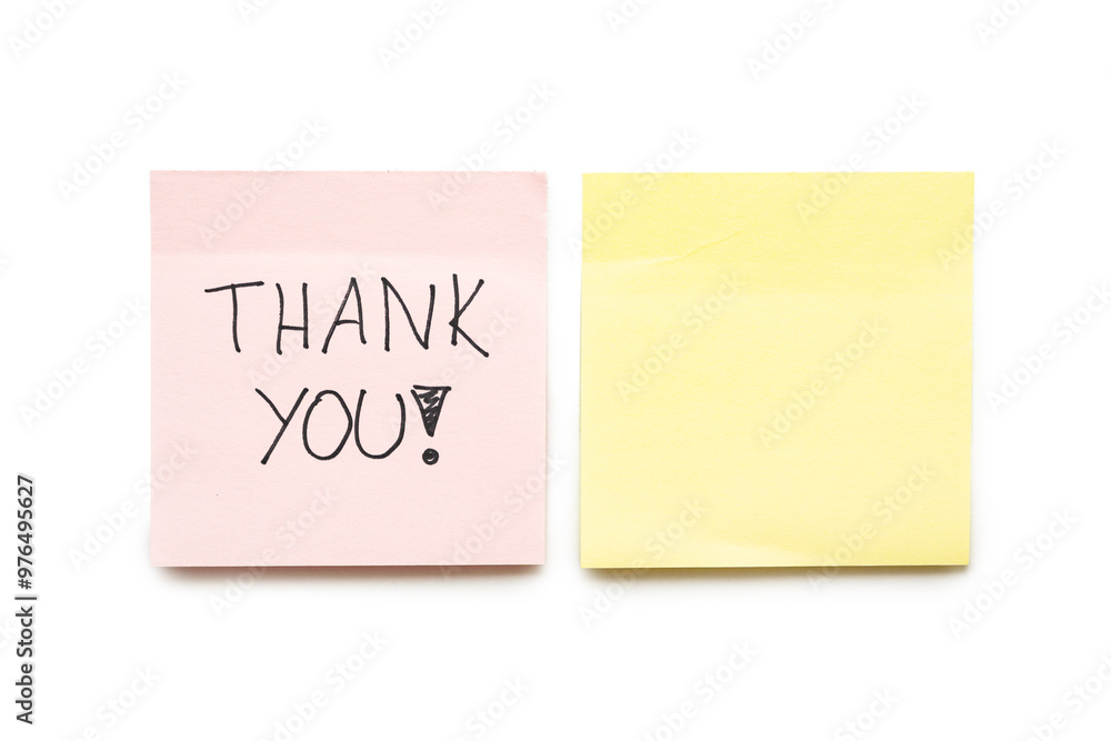 Hand writing THANK YOU on pink sticky note and blank sticky note isolated on white background. Copy space. Hand writing THANK YOU on pink sticky note and blank sticky note isolated on white background. Copy space.