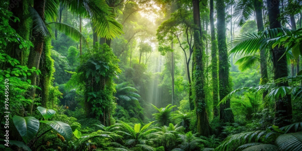 Naklejka premium A dense and lush forest with towering trees, diverse plant life, and a serene atmosphere, nature, trees, wilderness