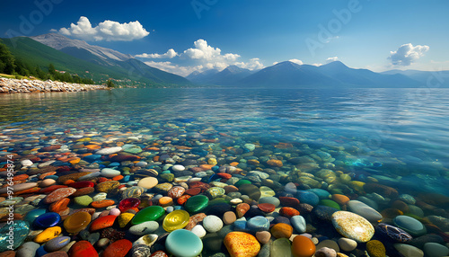 The sea is full of colorful pebbles, and the pebble beach on both sides is covered with many colored glass stones