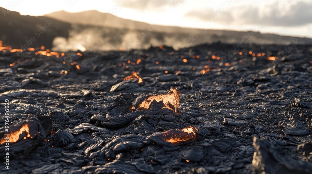 A close-up of lava fragments and volcanic debris scattered across the landscape, highlighting recent volcanic activity A close-up of lava fragments and volcanic debris scattered across the landscape, highlighting recent volcanic activity
