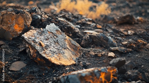 A close-up of lava fragments and volcanic debris scattered across the landscape, highlighting recent volcanic activity