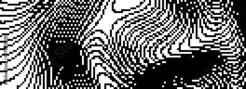 Dithered wavy curved line texture. Black 8 bit pixel glitch background. Rasterized stripes overlay wallpaper. Binary digitalized distorted backdrop for banner, poster, flyer, brochure, booklet. Vector