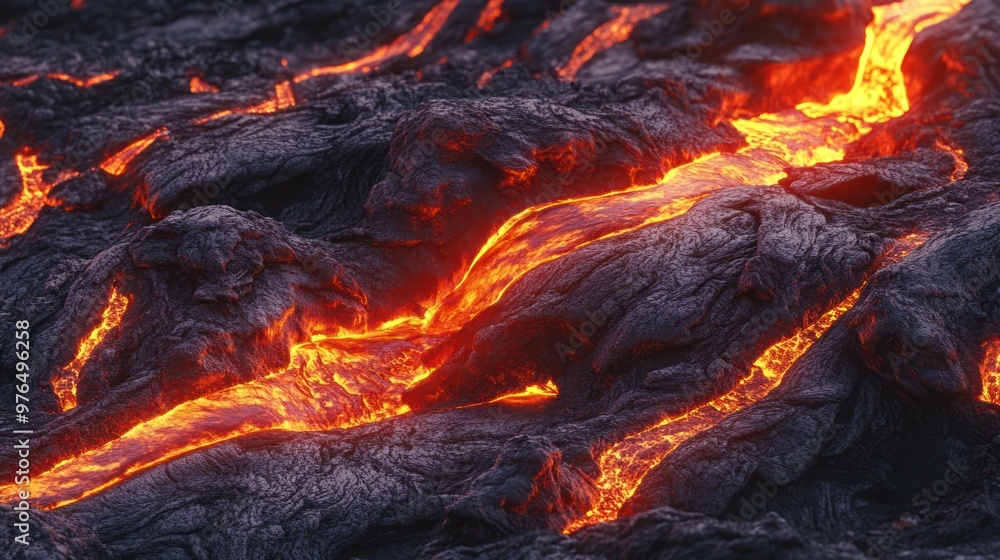 A detailed view of lava flow channels and formations, showcasing the fluid dynamics and deformation effects of molten rock A detailed view of lava flow channels and formations, showcasing the fluid dynamics and deformation effects of molten rock