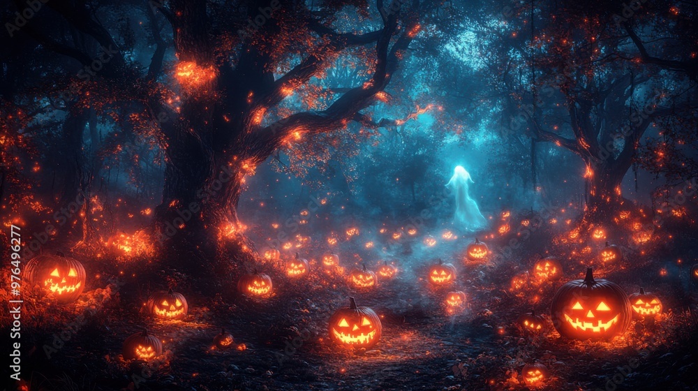 Enchanted Halloween Forest: Ghostly Figure in Glowing Jack-o'-lantern Clearing at Night Enchanted Halloween Forest: Ghostly Figure in Glowing Jack-o'-lantern Clearing at Night