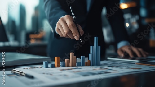 A business professional analyzing data charts with bar graphs, symbolizing market trends and financial strategies.
