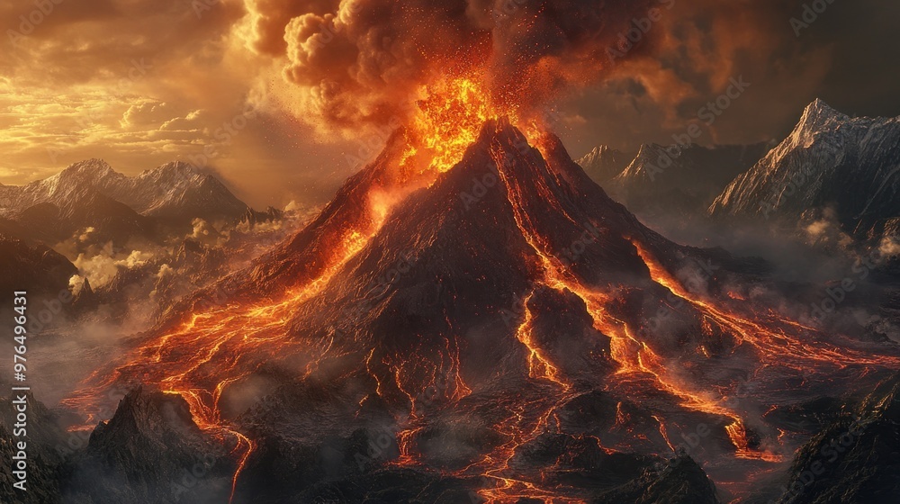 A wide shot of a volcano erupting with flowing lava and ash clouds, dramatically reshaping the surrounding landscape A wide shot of a volcano erupting with flowing lava and ash clouds, dramatically reshaping the surrounding landscape