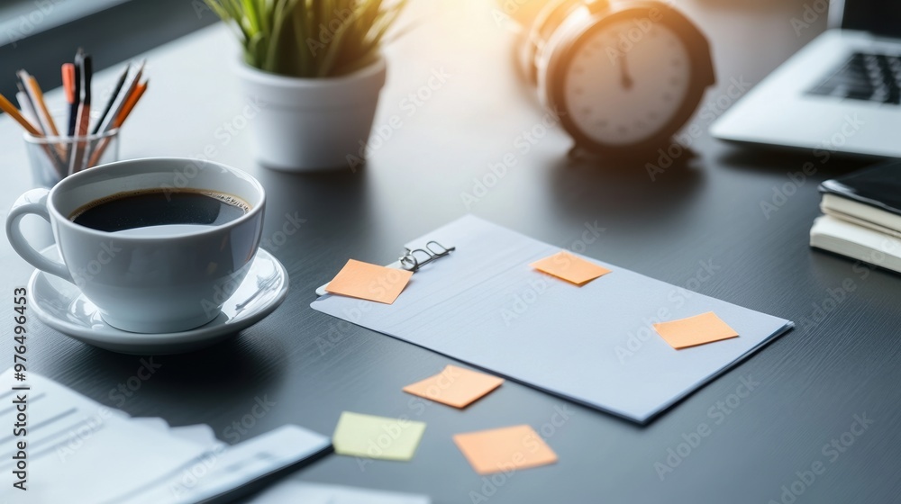A cozy workspace featuring a cup of coffee, stationery, and a plant, perfect for productivity and inspiration. A cozy workspace featuring a cup of coffee, stationery, and a plant, perfect for productivity and inspiration.