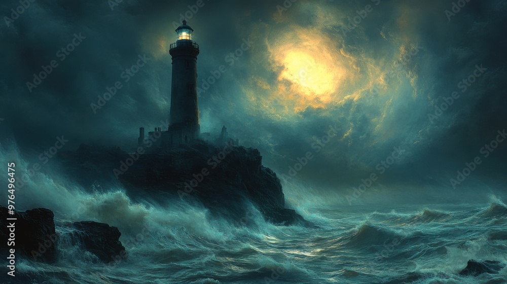 Ghostly Haunted Lighthouse on Cliff: Eerie Moonlit Scene with Spectral Figure and Crashing Waves Ghostly Haunted Lighthouse on Cliff: Eerie Moonlit Scene with Spectral Figure and Crashing Waves
