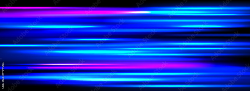 Neon glowing horizontal stripes background. Bright blue speed light effect. Magic trail flare lines texture. Luminous laser beams and rays wallpaper design. Sparkling neon streaks backdrop. Vector Neon glowing horizontal stripes background. Bright blue speed light effect. Magic trail flare lines texture. Luminous laser beams and rays wallpaper design. Sparkling neon streaks backdrop. Vector