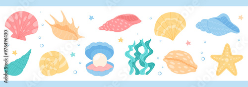 Cartoon shells and plants. Colorful seashells and coral, kelp, seagrass underwater set aquatic reef life. Ocean marine flora with starfish and clams, seaweed icons. All elements.