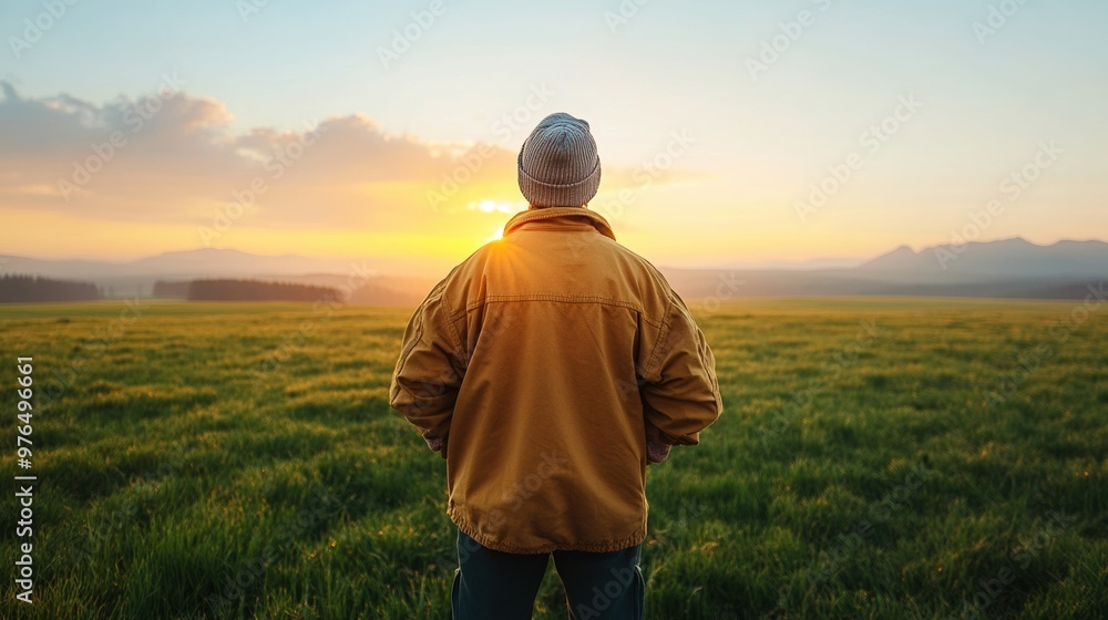 A person standing in a field at sunrise, enjoying the beauty of nature and the calm atmosphere around them. A person standing in a field at sunrise, enjoying the beauty of nature and the calm atmosphere around them.