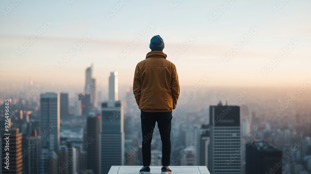 A person standing on a rooftop, gazing at a stunning cityscape during sunrise, capturing a moment of reflection and solitude. A person standing on a rooftop, gazing at a stunning cityscape during sunrise, capturing a moment of reflection and solitude.