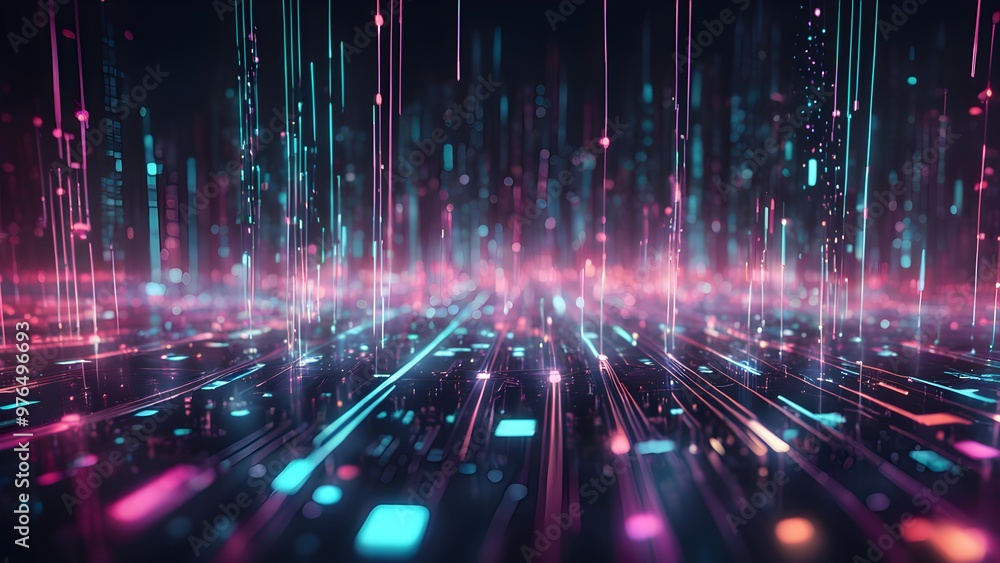 Abstract digital city with glowing lines and squares, creating a futuristic and vibrant landscape. Abstract digital city with glowing lines and squares, creating a futuristic and vibrant landscape.