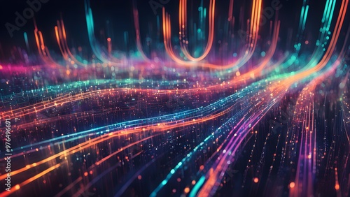 Abstract digital background with glowing lines and particles in vibrant colors.