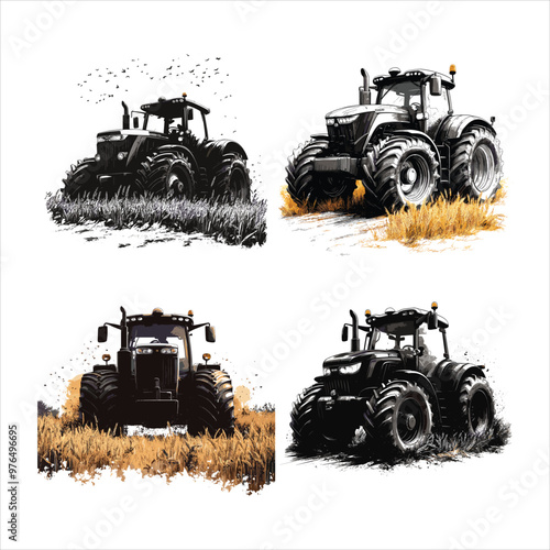 Tractor Silhouette Vector Black Agriculture Farming Machinery Equipment Vehicle Farm Rural