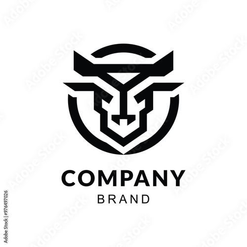 Monochrome Geometric Bull Logo in Circle on White Background