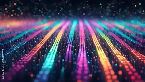 Abstract background with glowing lines of colorful dots.