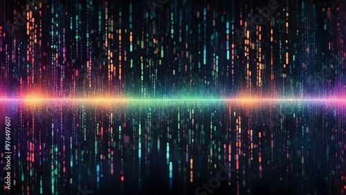 Abstract digital background with a horizontal light beam and colorful pixelated lines.