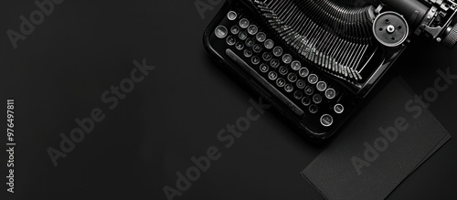 Black and white photo of old typewriter with blank sheet paper, vintage style, isolated on black background