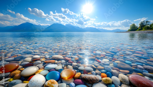 The sea is full of colorful pebbles, and the pebble beach on both sides is covered with many colored glass stones