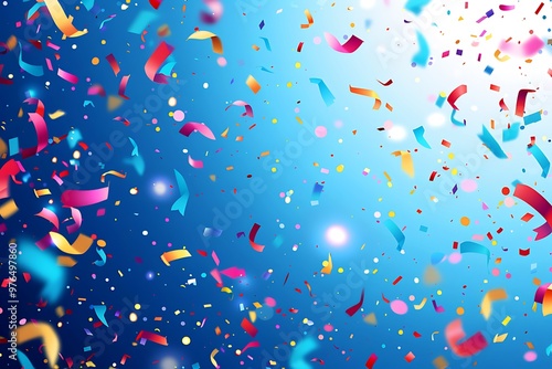 Colorful confetti on blue sky background. Festive background.