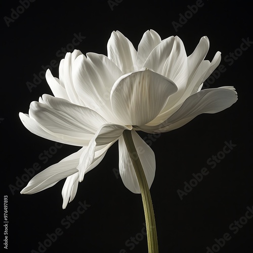 A dramatic macro shot of a white flower against a black background, highlighting the delicate details of the petals with stark contrast. 8k UHD, suitable for high-quality printing or digital 