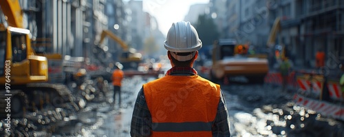 A construction worker in a hard hat and orange safety vest takes a breather on a lively construction site. The scene is alive with the motion of fellow workers, heavy machinery, and the backdrop of