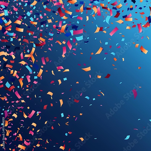 Celebration background with colorful confetti and ribbons.