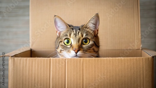 Cat peeking out of cardboard box , cat, cardboard, box, cute, feline, pet, curious, hiding, surprise, playful, whiskers