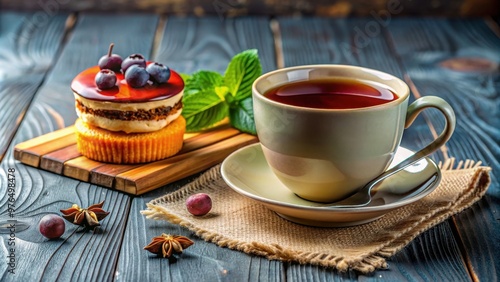 Delicious dessert with a cup of black tea for a cozy afternoon treat, dessert, black tea, food photography, sweet