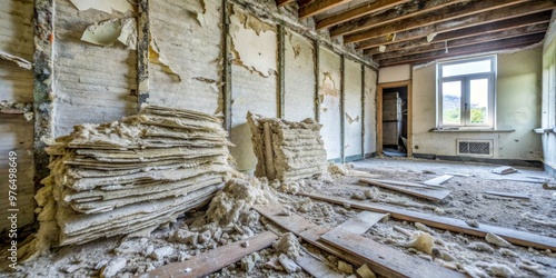 Old asbestos found in the walls of a room, posing a health hazard to occupants, asbestos, dangerous, wall