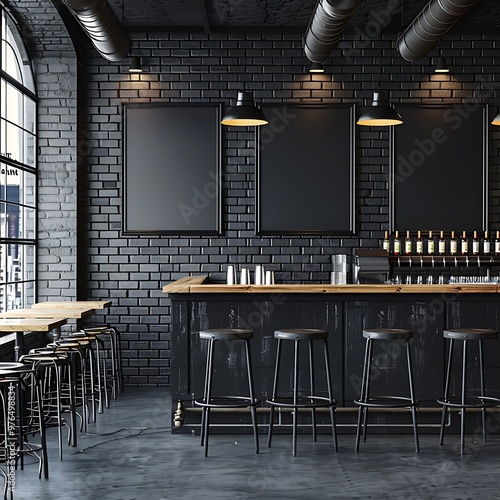 Black brick pub interior with bar counter and wooden chairs. Mock up, photo