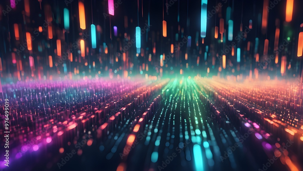 Abstract background with colorful glowing lines and dots falling from the top of the frame. Abstract background with colorful glowing lines and dots falling from the top of the frame.