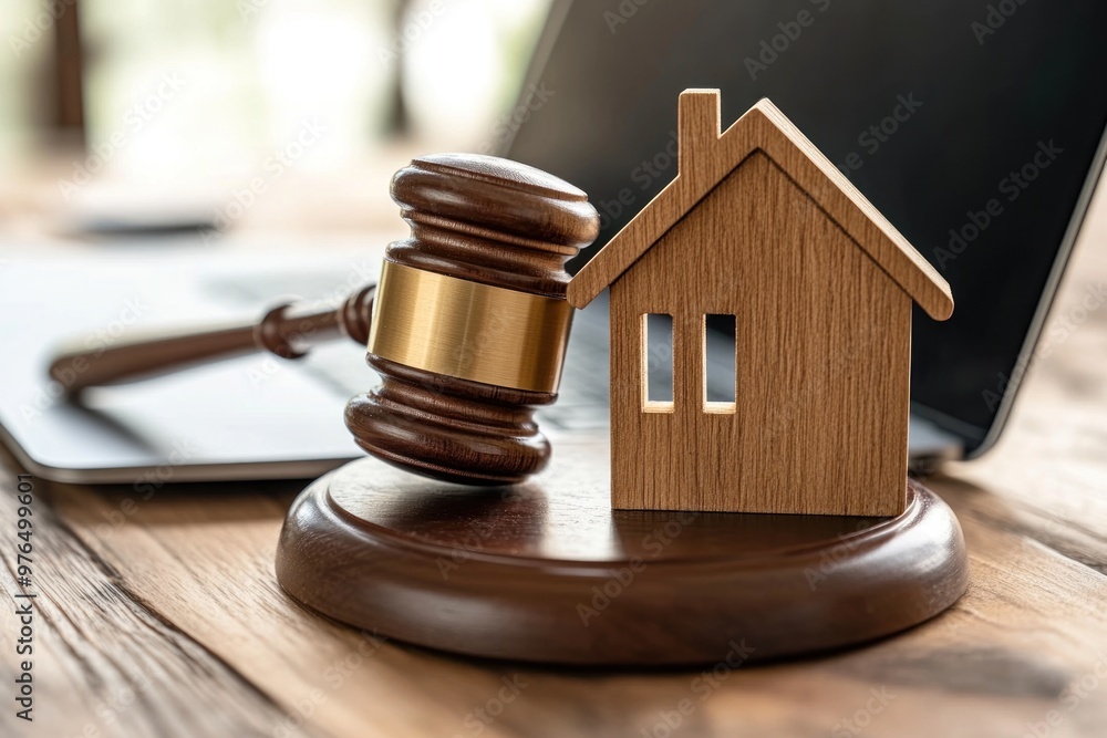 Gavel and Wooden House Model on a Table Gavel and Wooden House Model on a Table