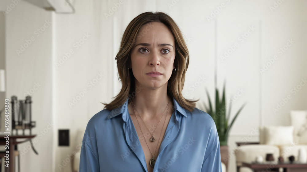 A cinematic medium shot of a woman with medium brown hair wearing a blue shirt and a necklace. She has a neutral expression. The background is a clean, white room with a few pieces of furniture A cinematic medium shot of a woman with medium brown hair wearing a blue shirt and a necklace. She has a neutral expression. The background is a clean, white room with a few pieces of furniture