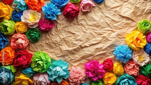 Crumpled paper with colorful paper flowers , crumpled, paper, flowers, colorful, art, craft, handmade, creativity