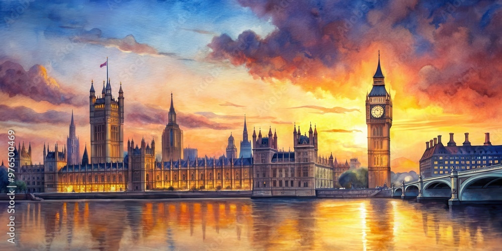 Naklejka premium Watercolor painting of sunset skyline of Big Ben and Houses of Parliament in London , sunset, skyline, Big Ben