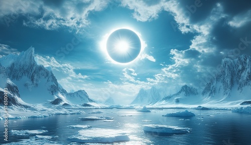 A beautiful surreal scene of an eclipse in the sky over Antarctica with icebergs floating around it