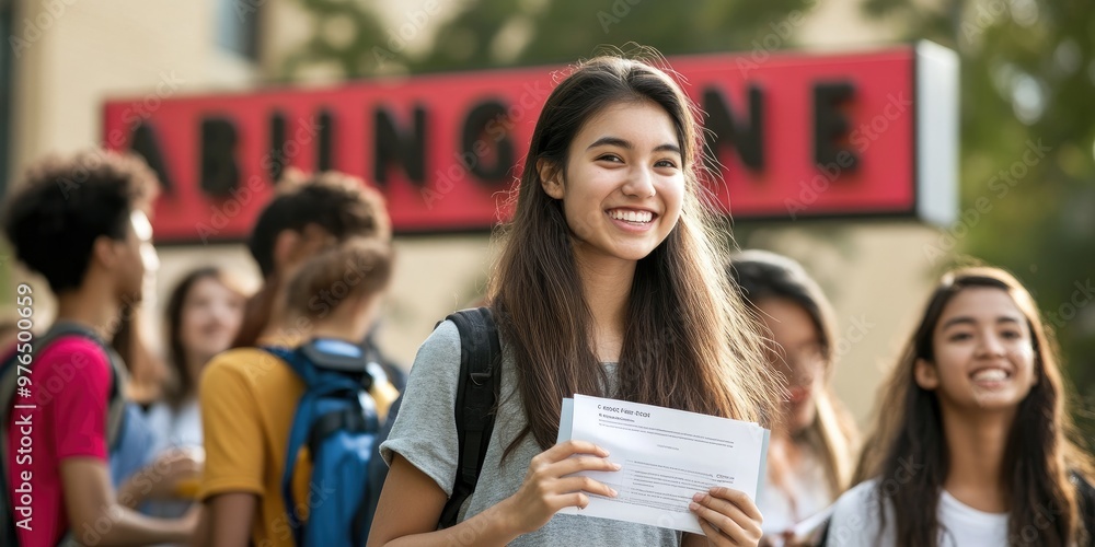 A group of new students standing in front of a large university sign, smiling and holding orientation pamphlets, excited to explore their new campus. A group of new students standing in front of a large university sign, smiling and holding orientation pamphlets, excited to explore their new campus.