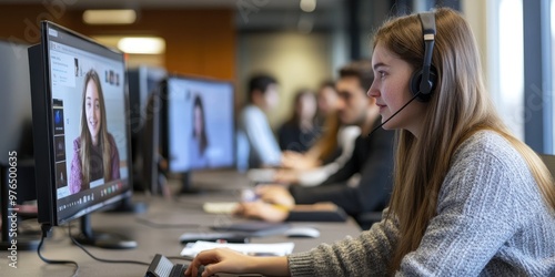 A team of students in a remote learning environment, connected via video calls and sharing screens, working on a group project with seamless digital collaboration.