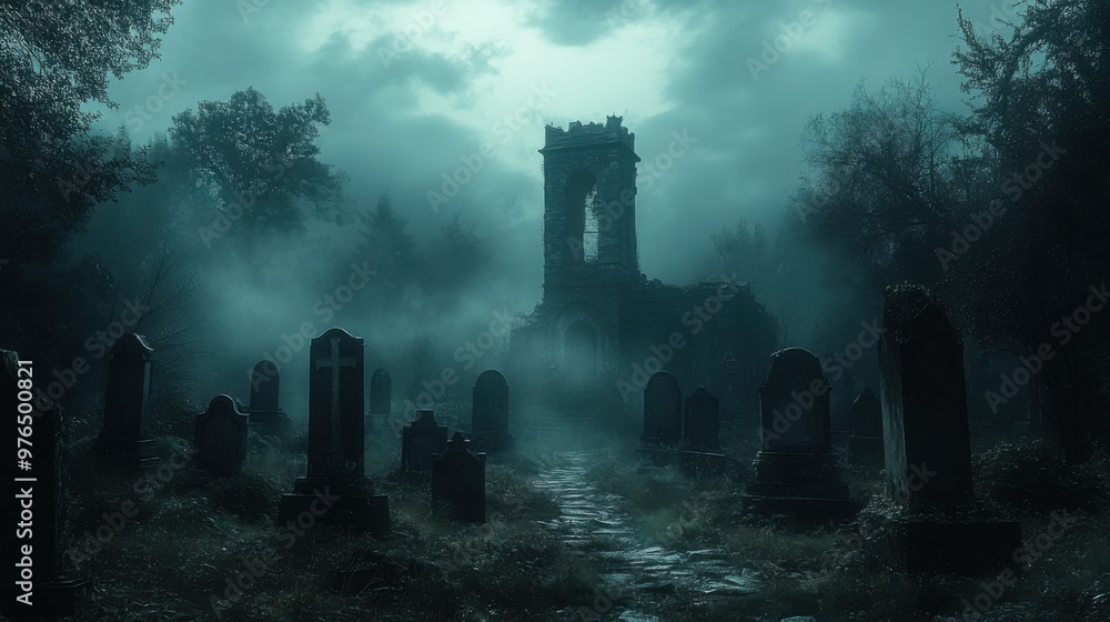 Ghostly Figure in Old Graveyard at Night with Thick Fog - Eerie and Unsettling Horror Scene Among Tombstones Ghostly Figure in Old Graveyard at Night with Thick Fog - Eerie and Unsettling Horror Scene Among Tombstones