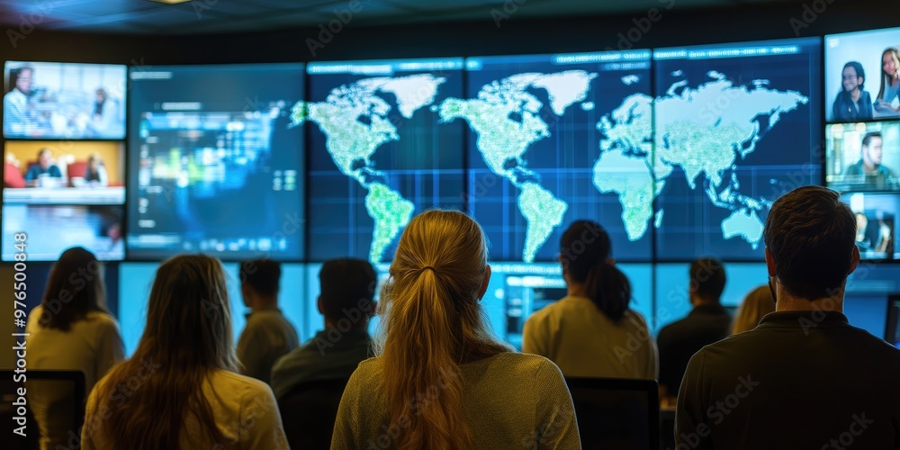Students from different parts of the world video conferencing on large screens, collaborating on a shared research project, with a digital map showing their locations in Students from different parts of the world video conferencing on large screens, collaborating on a shared research project, with a digital map showing their locations in