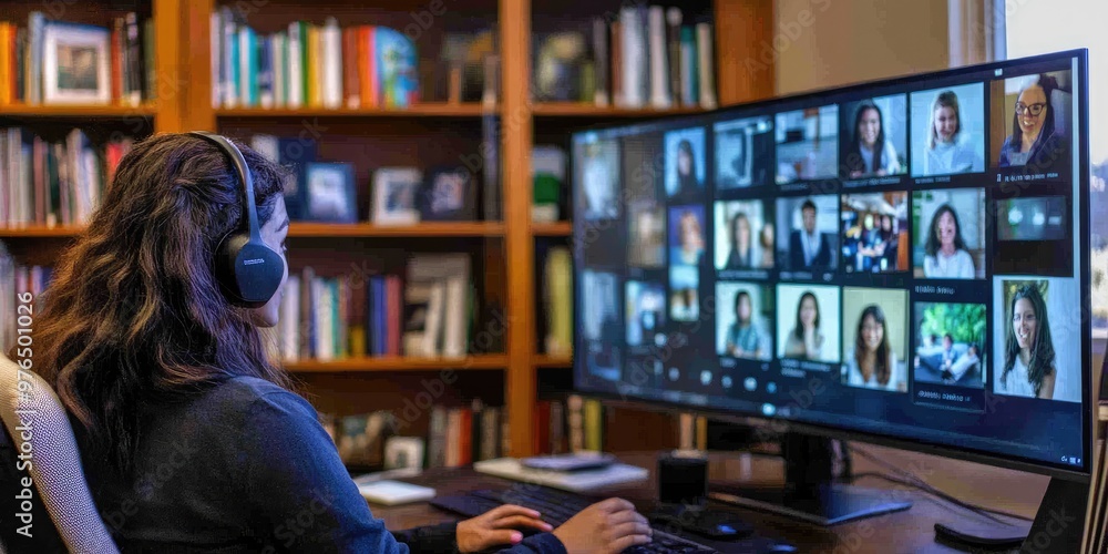 A teacher leading an online class via video conference, with multiple students on the screen, engaging in interactive learning activities from their own homes. A teacher leading an online class via video conference, with multiple students on the screen, engaging in interactive learning activities from their own homes.