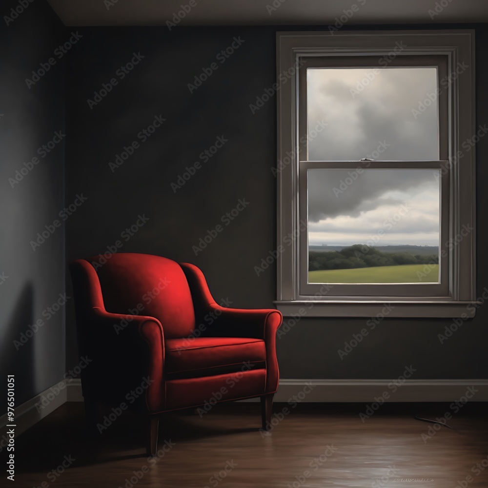 Red armchair in a room with a window overlooking a field. Red armchair in a room with a window overlooking a field.
