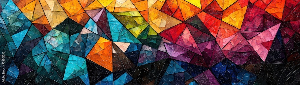An abstract mosaic artwork with a vibrant and energetic pattern of triangular shapes, each filled with bold, bright colors. The dynamic interplay of hues and geometric forms creates a visually An abstract mosaic artwork with a vibrant and energetic pattern of triangular shapes, each filled with bold, bright colors. The dynamic interplay of hues and geometric forms creates a visually
