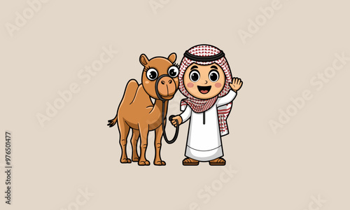 Cartoon boy in traditional attire with a camel.