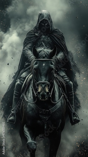 A dark figure in a cloak rides a powerful black horse through smoke.