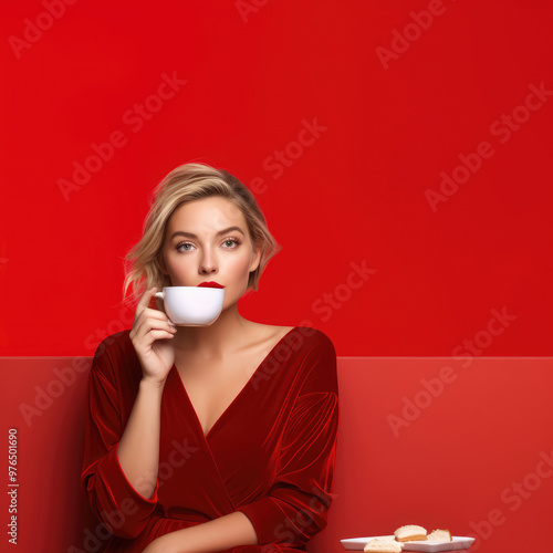 Woman in Red Drinking a Hot Cup of Coffeeor Cocoa on a Red Banner with Space for Copy. photo