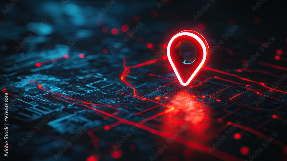Red neon light map pin icon on a high-tech black backdrop, symbolizing advanced location services and digital mapping. Red neon light map pin icon on a high-tech black backdrop, symbolizing advanced location services and digital mapping.