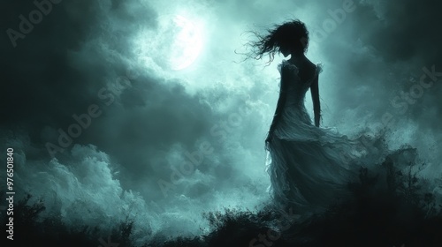 Eerie Ghostly Woman in Tattered White Dress Stands at Dark Forest Edge under Moonlight - Haunting and Ethereal Atmosphere